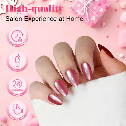 ELSAGIRL Red Cat Eye Press-On Nails – 5 Colors (Jelly Pink & Ruby Red), 160 PCS, 16 Sizes