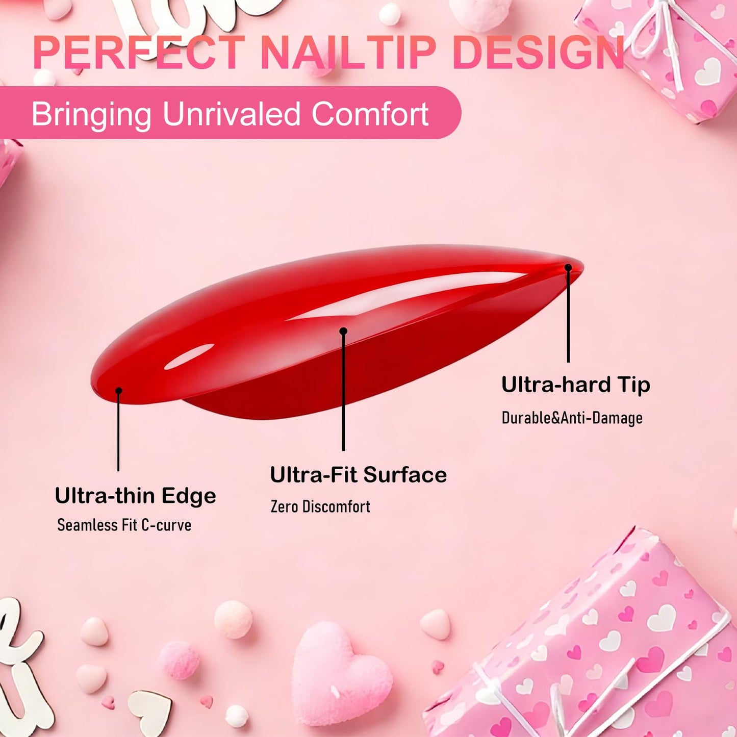 ELSAGIRL Red Cat Eye Press-On Nails – 5 Colors (Jelly Pink & Ruby Red), 160 PCS, 16 Sizes