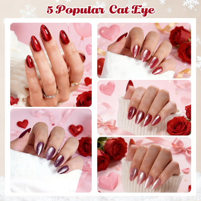 ELSAGIRL Red Cat Eye Press-On Nails – 5 Colors (Jelly Pink & Ruby Red), 160 PCS, 16 Sizes