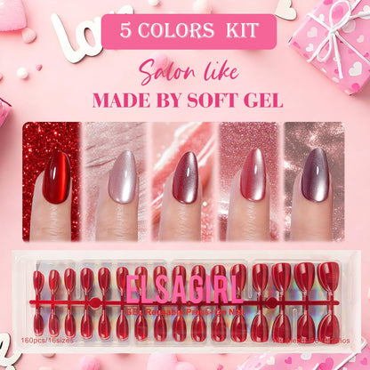 ELSAGIRL Red Cat Eye Press-On Nails – 5 Colors (Jelly Pink & Ruby Red), 160 PCS, 16 Sizes