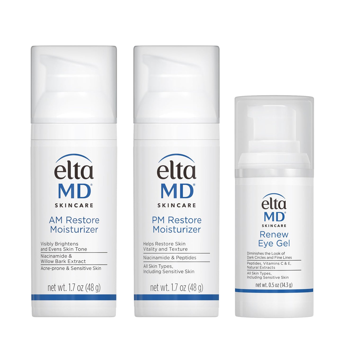 EltaMD Morning & Night Skin Care Kit | AM Restore, PM Restore Moisturizers & Renew Eye Gel