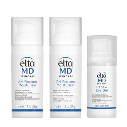 EltaMD Morning & Night Skin Care Kit | AM Restore, PM Restore Moisturizers & Renew Eye Gel