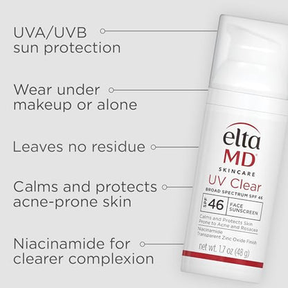 EltaMD UV Clear Face Sunscreen SPF 46 | Oil-Free for Acne-Prone Skin | 1.7 oz Pump