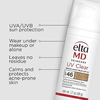EltaMD UV Clear Tinted SPF 46 Sunscreen – Oil-Free, Zinc Oxide, Dermatologist Recommended