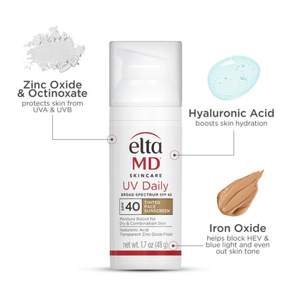 EltaMD UV Daily SPF 40 Tinted Face Sunscreen Moisturizer with Hyaluronic Acid – Hydrating, Sheer Tint (Pack of 2)