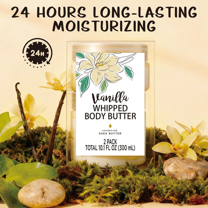 Embleaf Vanilla Whipped Body Butter – Deep Moisturizing Shea Cream for Dry Skin (3.4 fl oz + 6.8 fl oz / 100 ml + 200 ml)