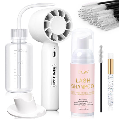 EMEDA Lash Cleaning Kit (White) | 2.02 fl oz Lash Shampoo, USB Mini Fan Dryer & Rinse Bottle
