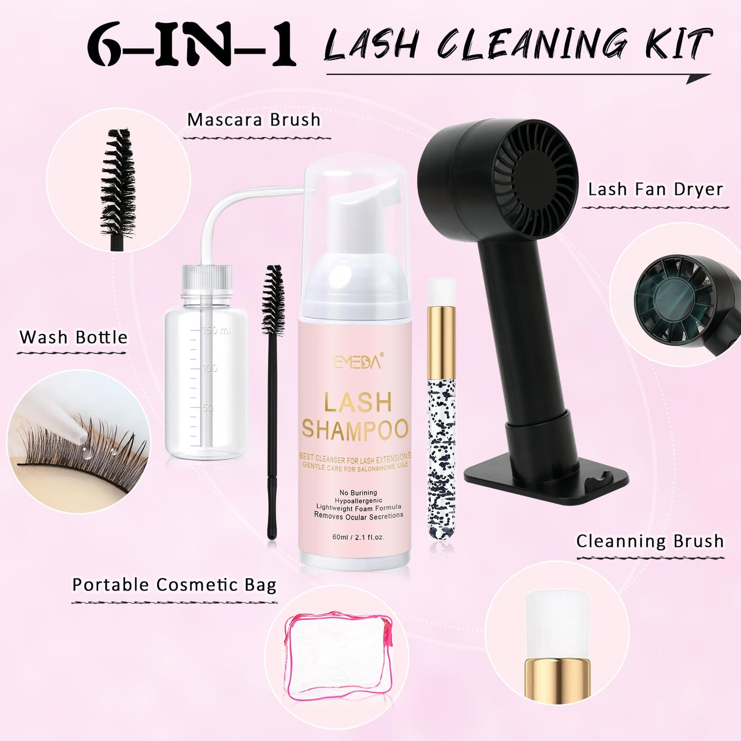 EMEDA Lash Shampoo Kit – 2.02 fl oz Lash Cleaning Kit with USB Mini Fan