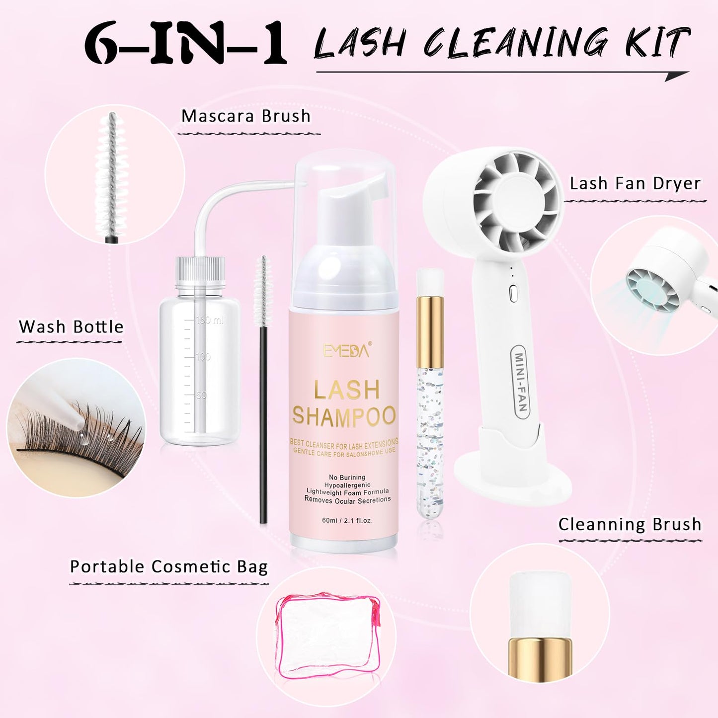 EMEDA Lash Cleaning Kit (White) | 2.02 fl oz Lash Shampoo, USB Mini Fan Dryer & Rinse Bottle