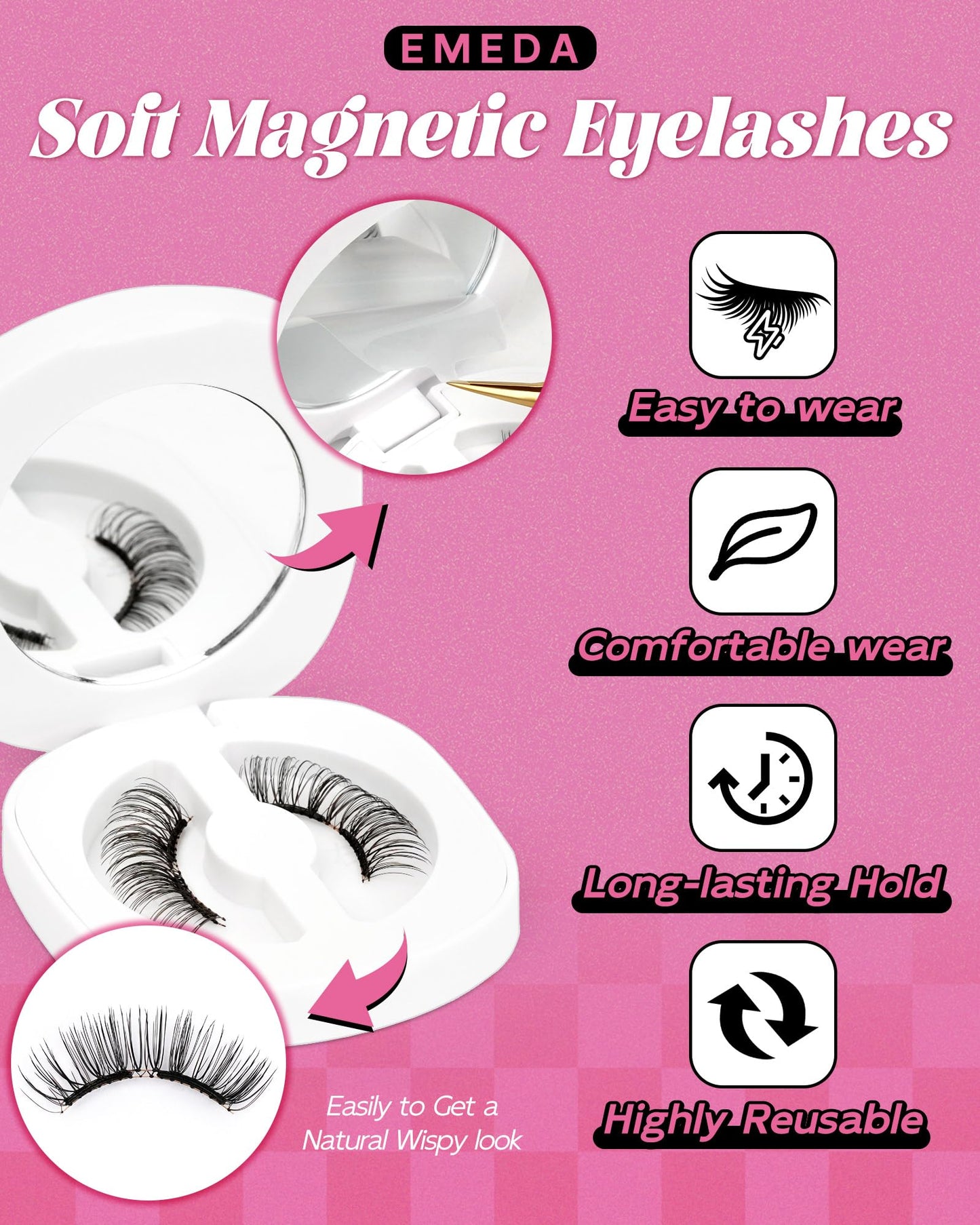 EMEDA Upgrade Soft Magnetic Eyelashes with Applicator & Lash Fixer – No Glue Needed