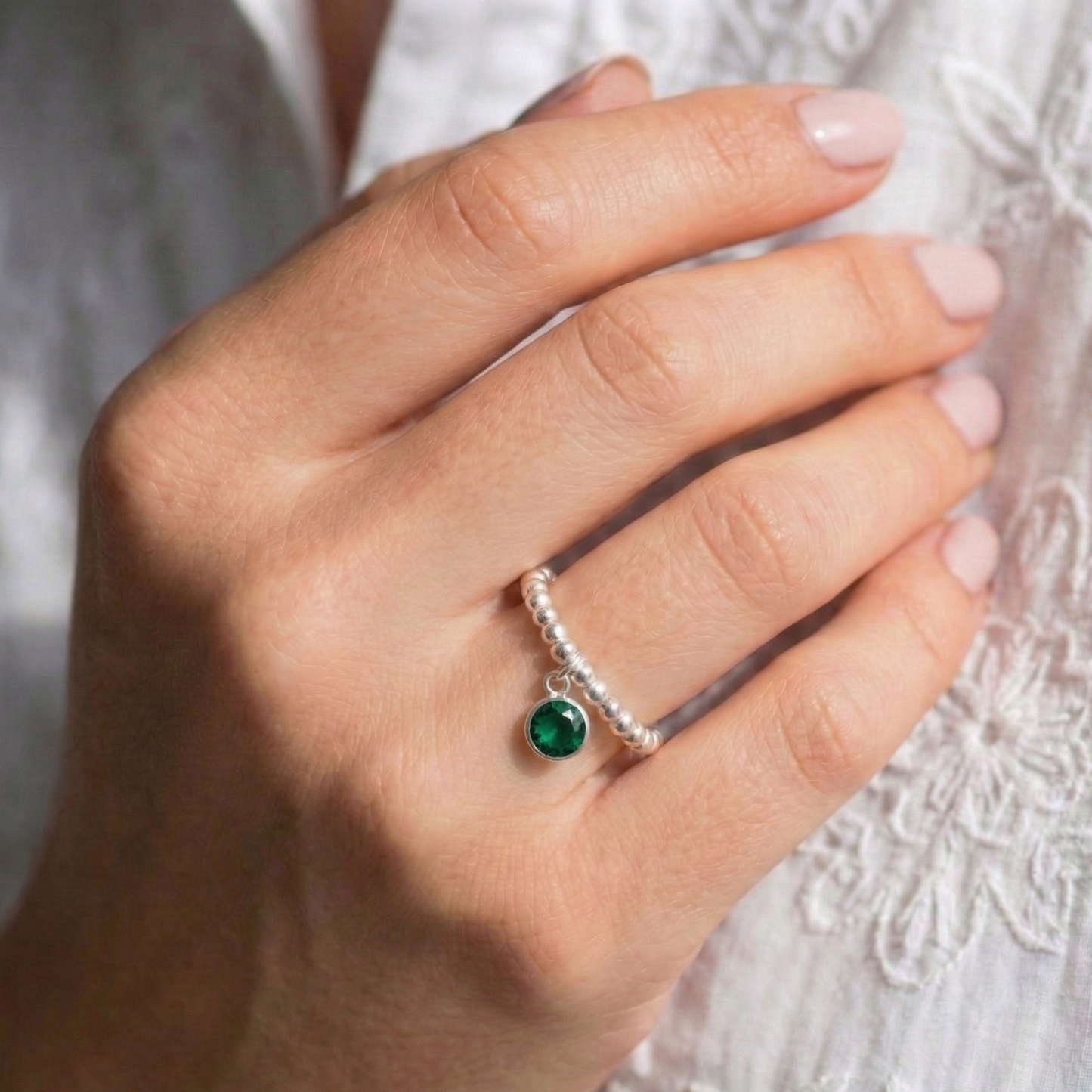 Emerald May Birthstone Ring – Sterling Silver Beaded Charm Ring