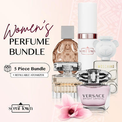 Scent Town Mini Perfumes for Women (Set of 5) – Designer Samples + Empty Refillable Atomizer in Gift Box