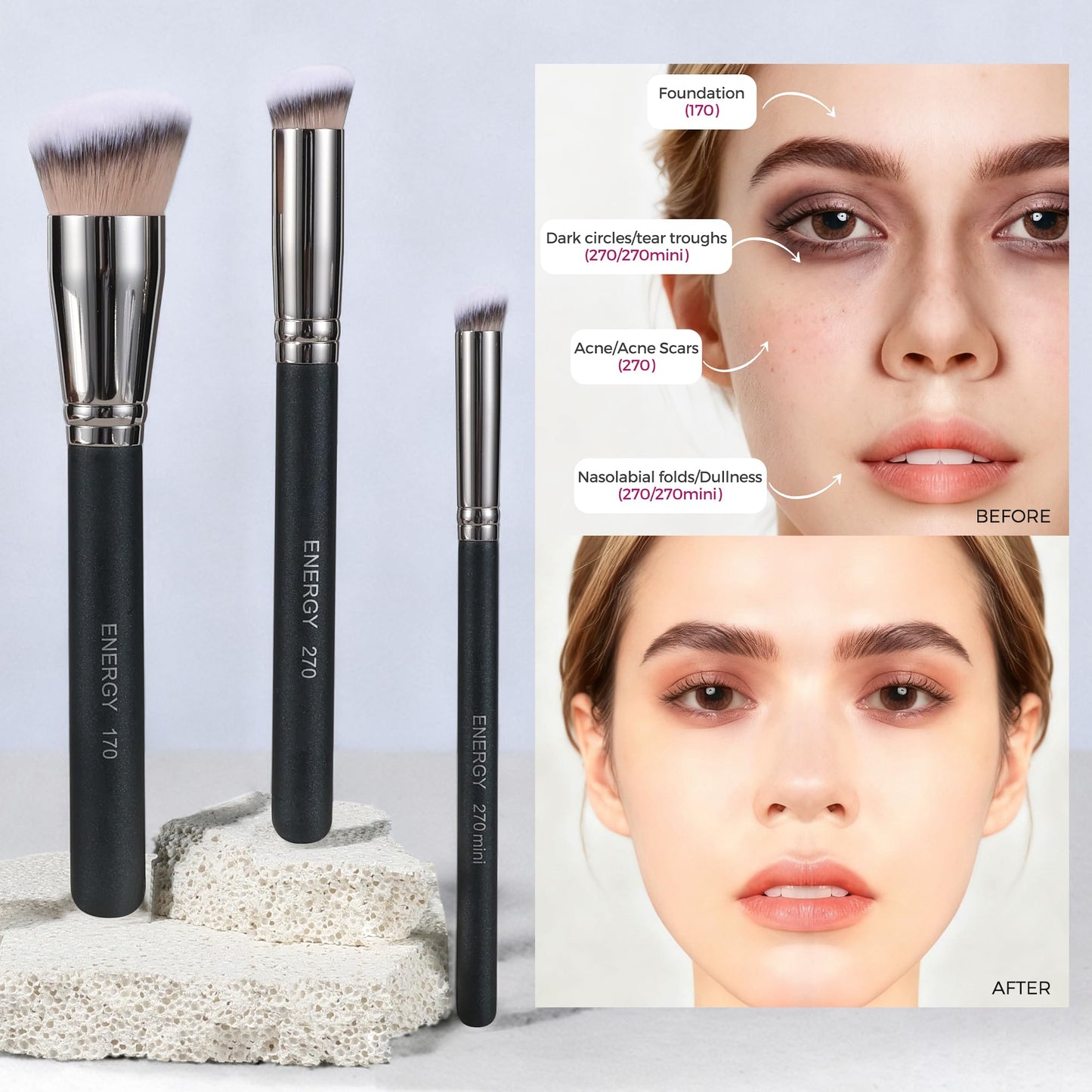 ENERGY Makeup Brush Set - 3-Piece Professional Kit with Vegan Bristles & Travel Case
