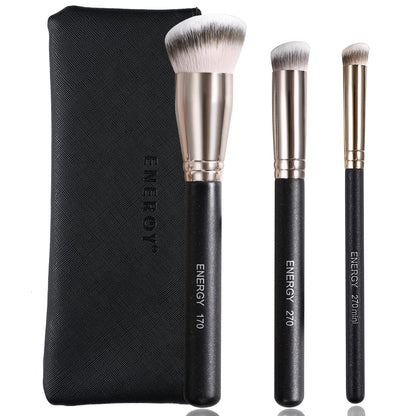 ENERGY Makeup Brush Set - 3-Piece Professional Kit with Vegan Bristles & Travel Case