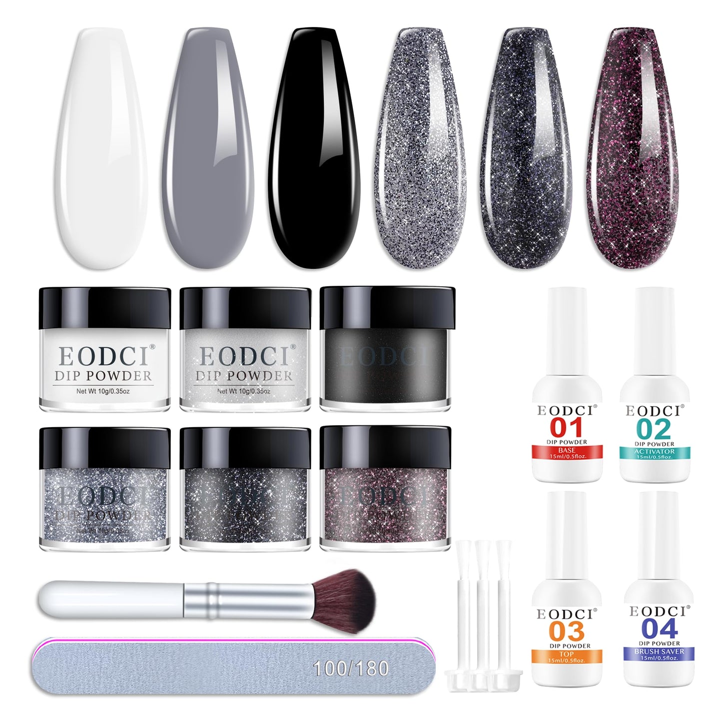 Eodci Dip Powder Nail Kit Starter - 6 Glitter Colors, No Lamp Needed, Base & Top Coat Included