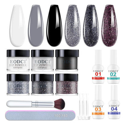 Eodci Dip Powder Nail Kit Starter - 6 Glitter Colors, No Lamp Needed, Base & Top Coat Included