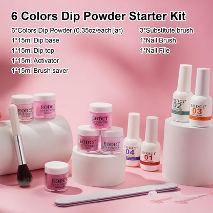 Eodci Dip Powder Nail Set – 6 Colors Hot Pink Series, 12-Piece Kit with Base & Top Coat, No Lamp Needed