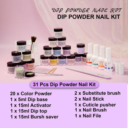 EODCI 31 Pcs Dip Powder Nail Kit – 20 Colors, No Lamp Needed, Top/Base Coat & Activator