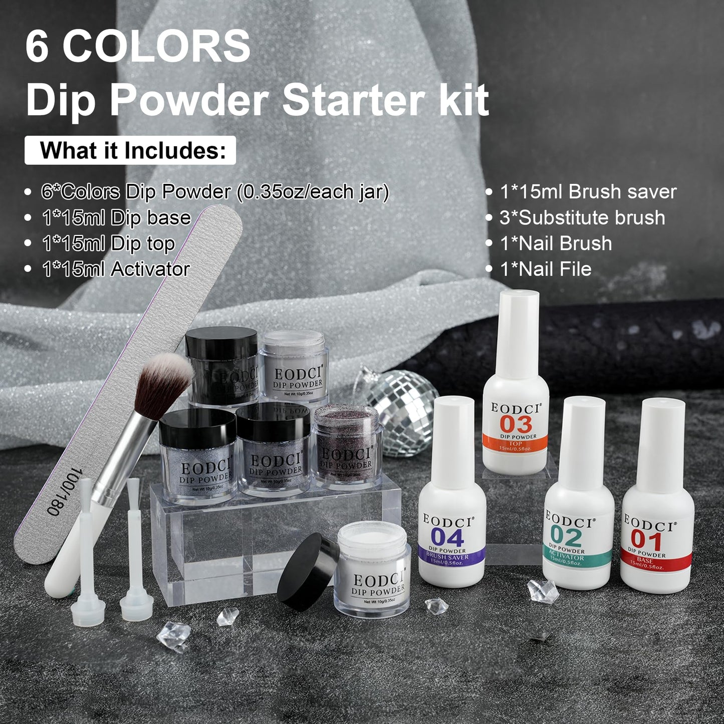 Eodci Dip Powder Nail Kit Starter - 6 Glitter Colors, No Lamp Needed, Base & Top Coat Included