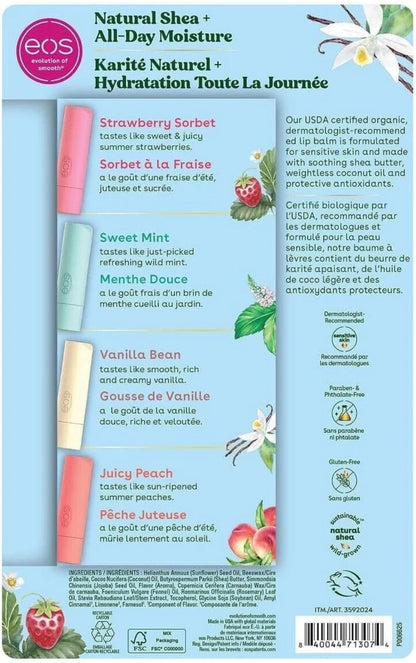 EOS Natural Shea Lip Balm Stick – 8-Pack (Strawberry Sorbet, Sweet Mint, Vanilla Bean, Juicy Peach)