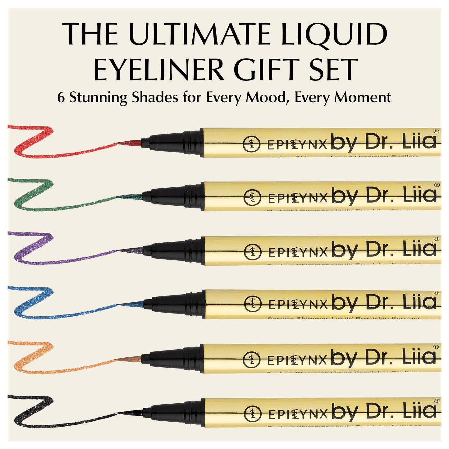 EPILYNX Liquid Eyeliner Gift Set - Waterproof, Hypoallergenic, Vegan, Gluten-Free with Fine Brush Tip (6 Shades)