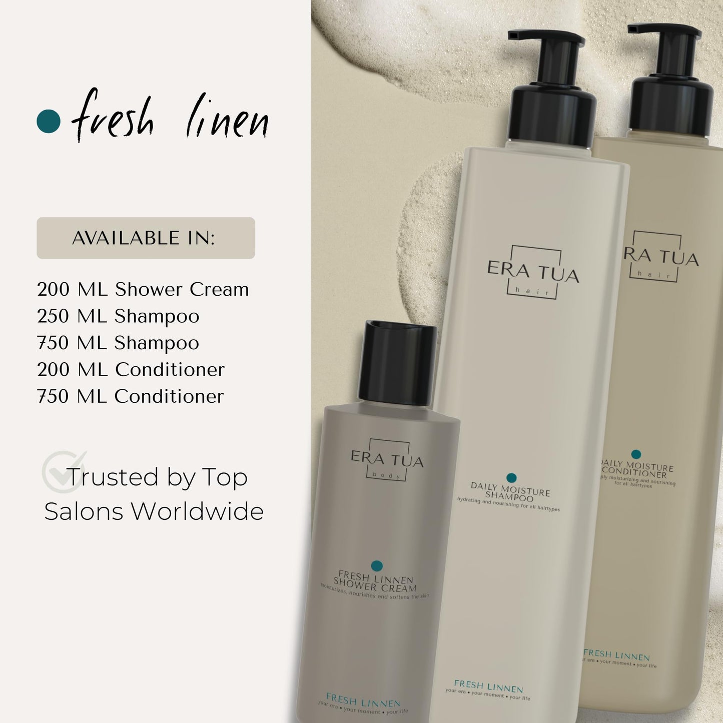 ERA TUA Fresh Linen Daily Moisture Shampoo | Dutch Made Hydration for Dry & Damaged Hair | Bergamot Jasmine & Rose | 250 ml