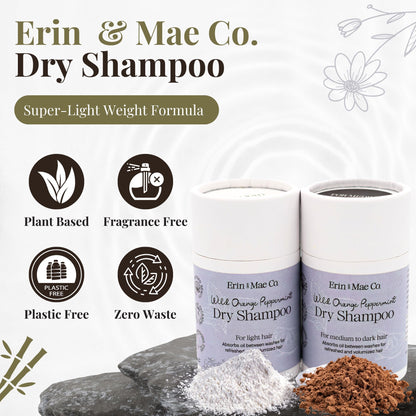 ERIN AND MAE CO. Dry Shampoo Powder – Organic, Non-Aerosol, Wild Orange & Peppermint, 2oz, Medium Dark Hair