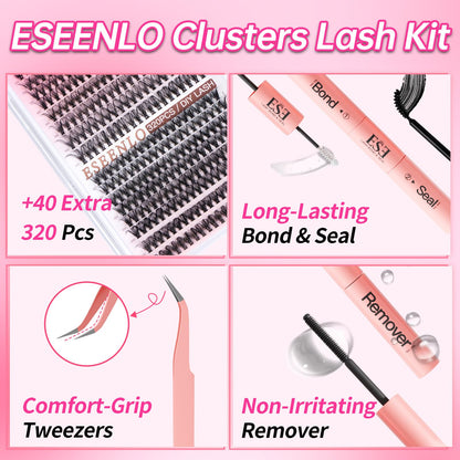 ESEENLO 320pc Lash Clusters Kit – 9-16mm Lash Extensions with Bond & Seal