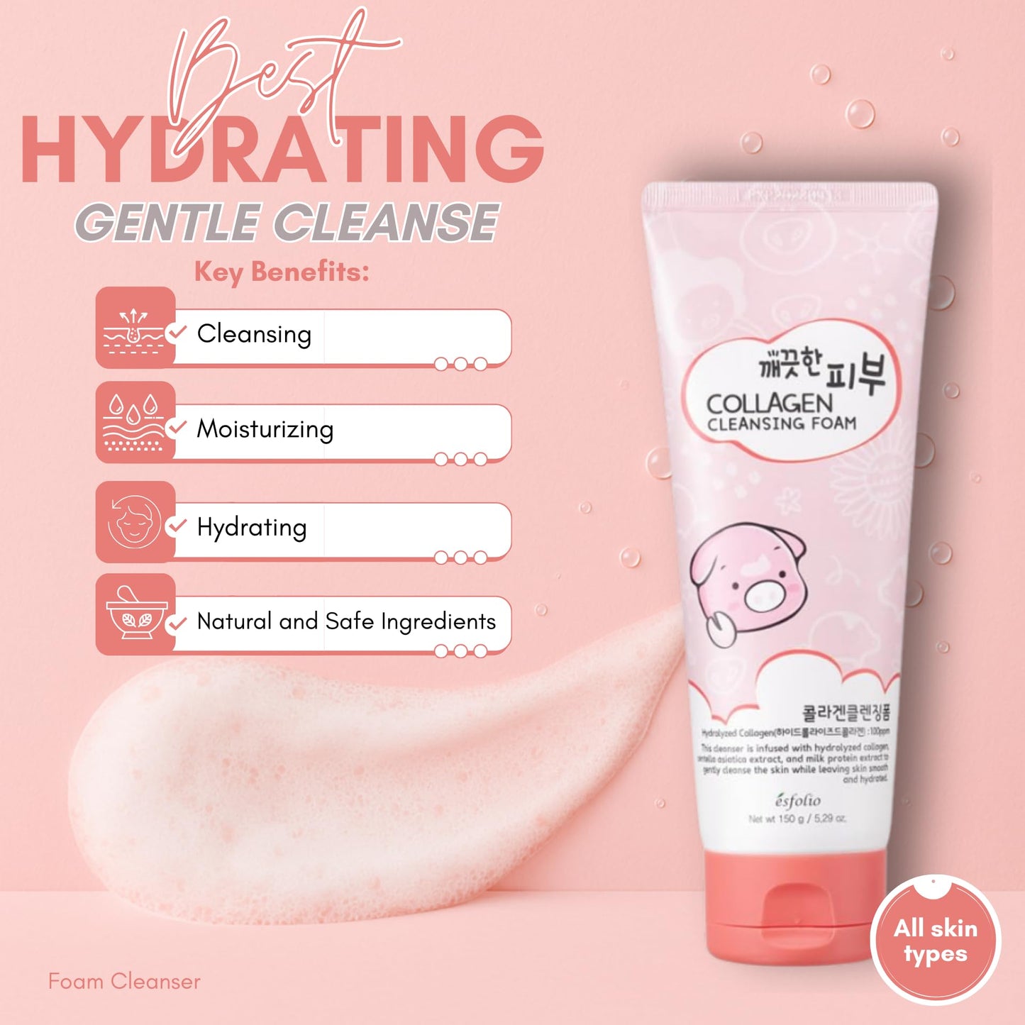 Esfolio Collagen Cleansing Foam – Hydrating Foaming Cleanser with Centella & Milk Protein (150ml)
