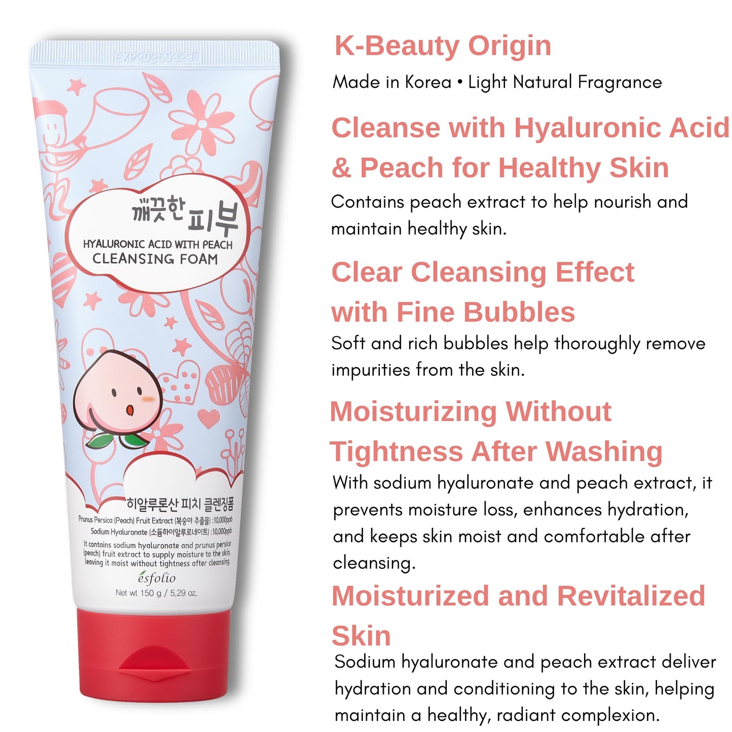 Esfolio Hyaluronic Acid Peach Cleansing Foam – Moisturizing Facial Cleanser