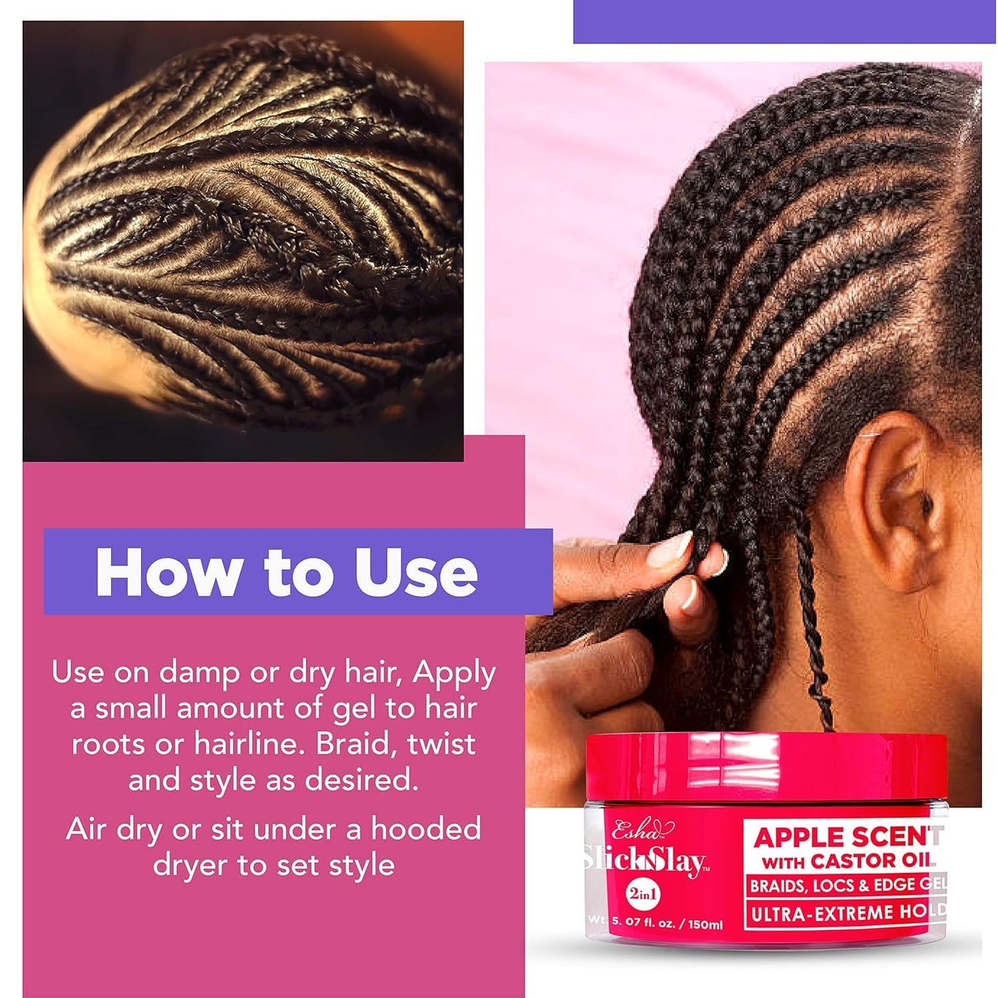 Esha Slick N Slay Braiding Gel – Ultra Hold & Hydration for Braids, Twists, Locs | Melon Infused, 5oz