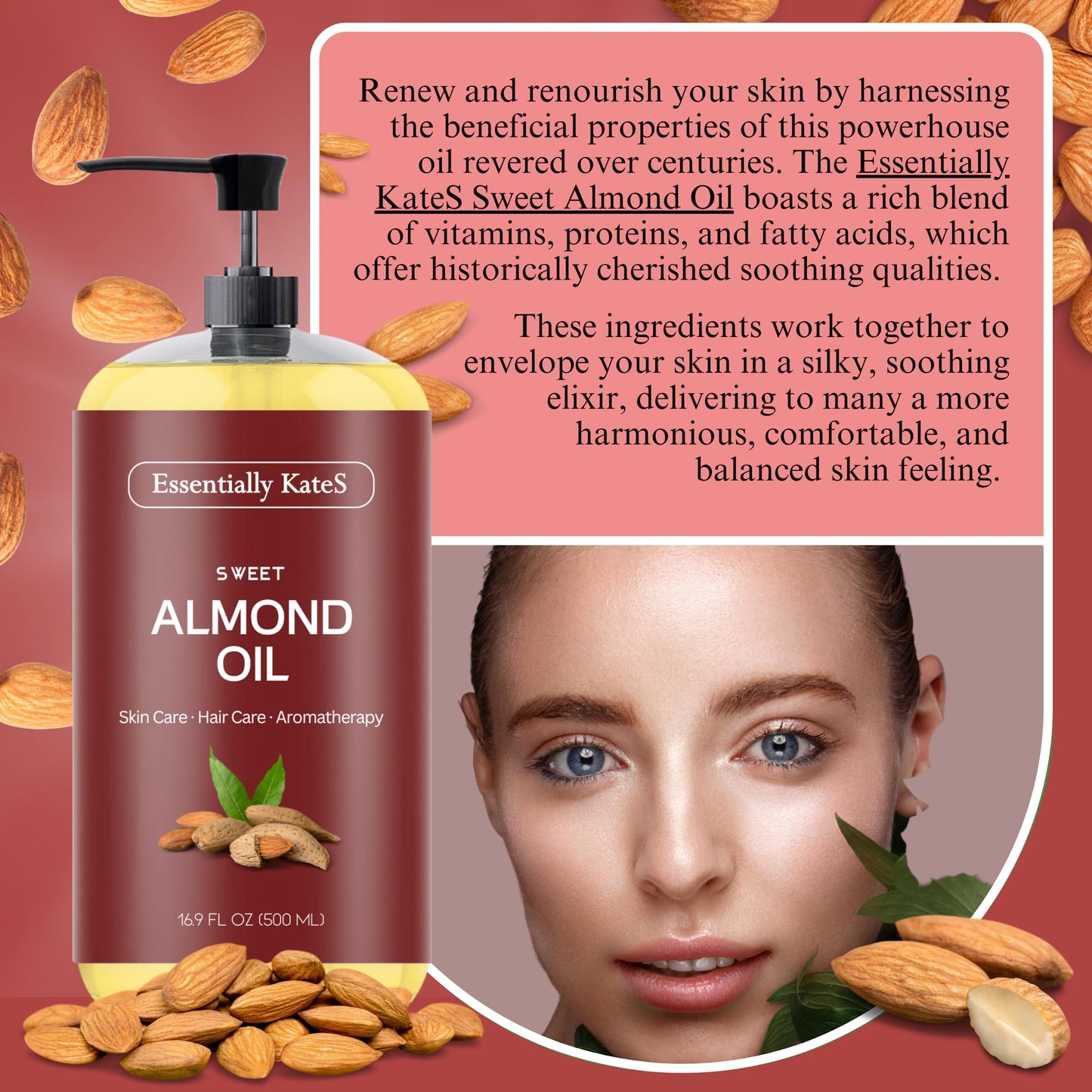 Essentially KateS Sweet Almond Oil – 33.8 Fl Oz (Pack of 2) | 100% Pure & Natural
