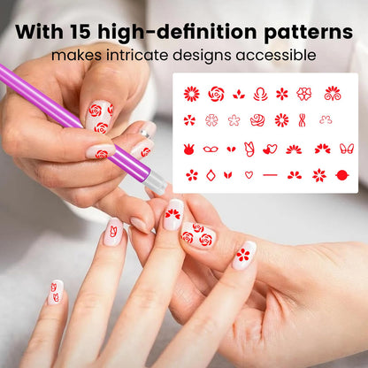 ESUOHYM Nail Art Stamp Pen Set – 15-Pattern Butterfly & Flower Nail Stamper, For Beginner DIY Manicure (Rose Red, Large Pack)