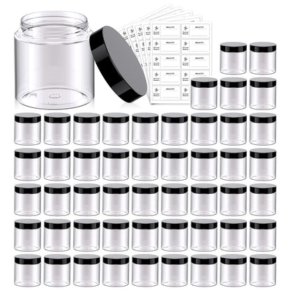 Eternal Moment 50-Pack 4oz Clear Jars with Black Lids – Leakproof Cosmetic Containers for Travel, Slime, and Samples