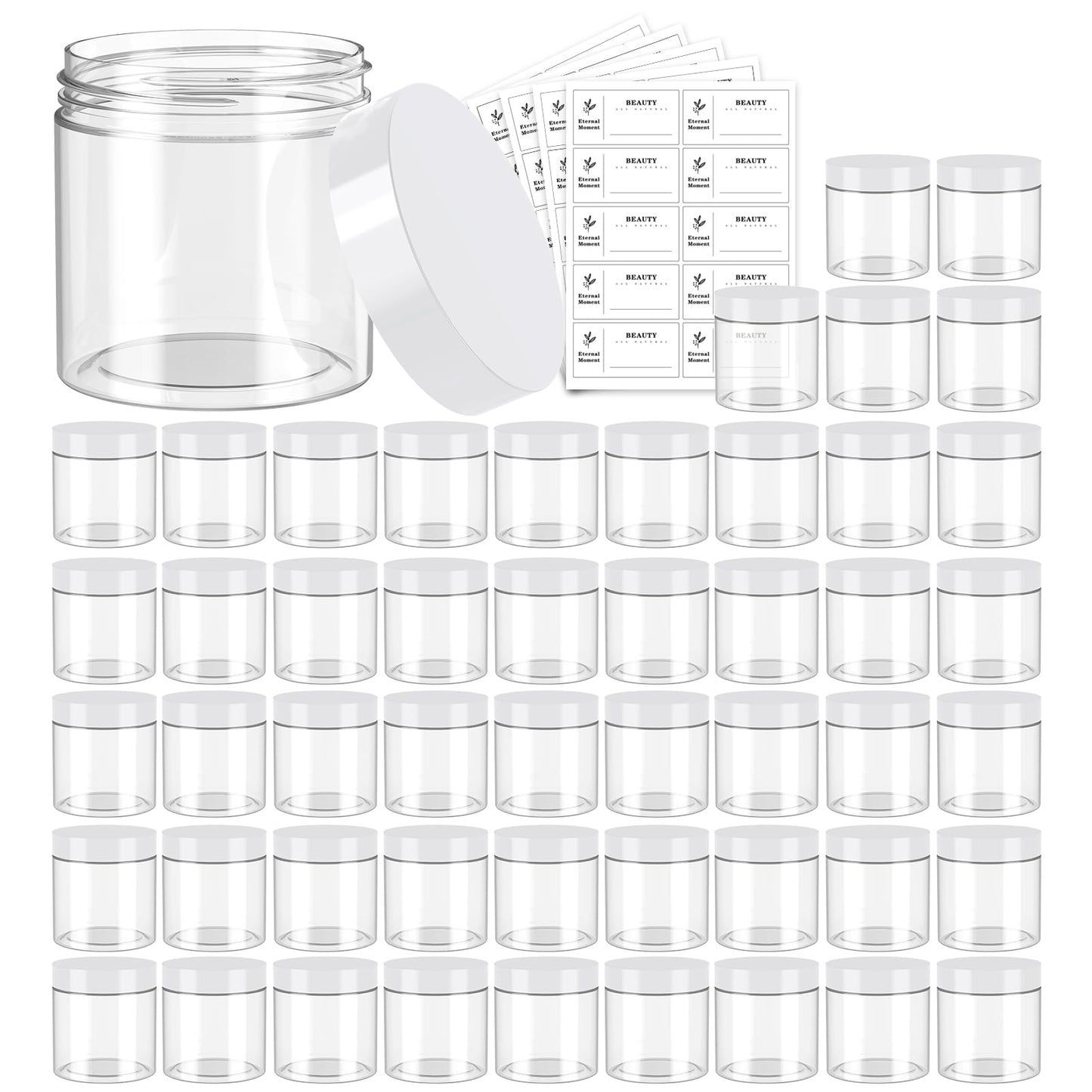 Eternal Moment 50-Pack 4oz Clear Plastic Jars with White Lids – Slime, Lotion, Cream & Makeup Containers