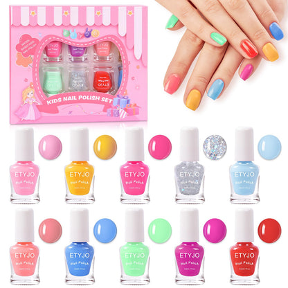 ETYJO Kids Nail Polish Set – Non-Toxic Water-Based Peel-Off, 10 Rainbow Colors, Quick Dry (Ages 3+)
