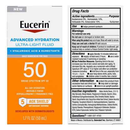 Eucerin Sun Advanced Hydration SPF 50 – Ultra-Light Facial Sunscreen with Hyaluronic Acid