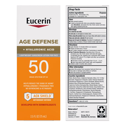 Eucerin Sun Age Defense SPF 50 Face Sunscreen – Hyaluronic Acid, Fragrance-Free