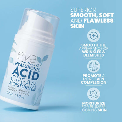 Eva Naturals Hyaluronic Acid Face Cream – Deep Hydration & Firming Moisturizer with Retinol, Vitamin C & Q10 | Day & Night, 1.7 fl oz