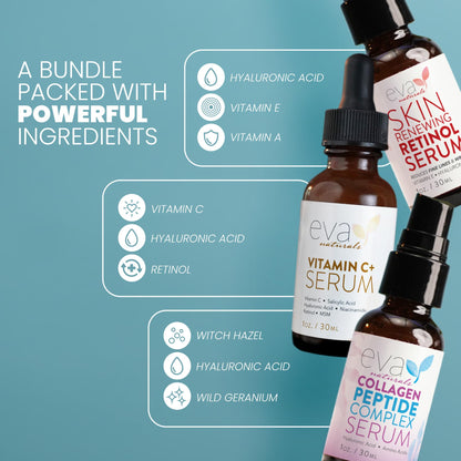 Eva Naturals Trifecta Face Serum Set – Vitamin C, Retinol & Peptides with Hyaluronic Acid