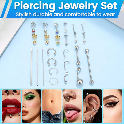 Evatage 163PCS Body Piercing Kit | 14G/16G/20G Needles & Jewelry