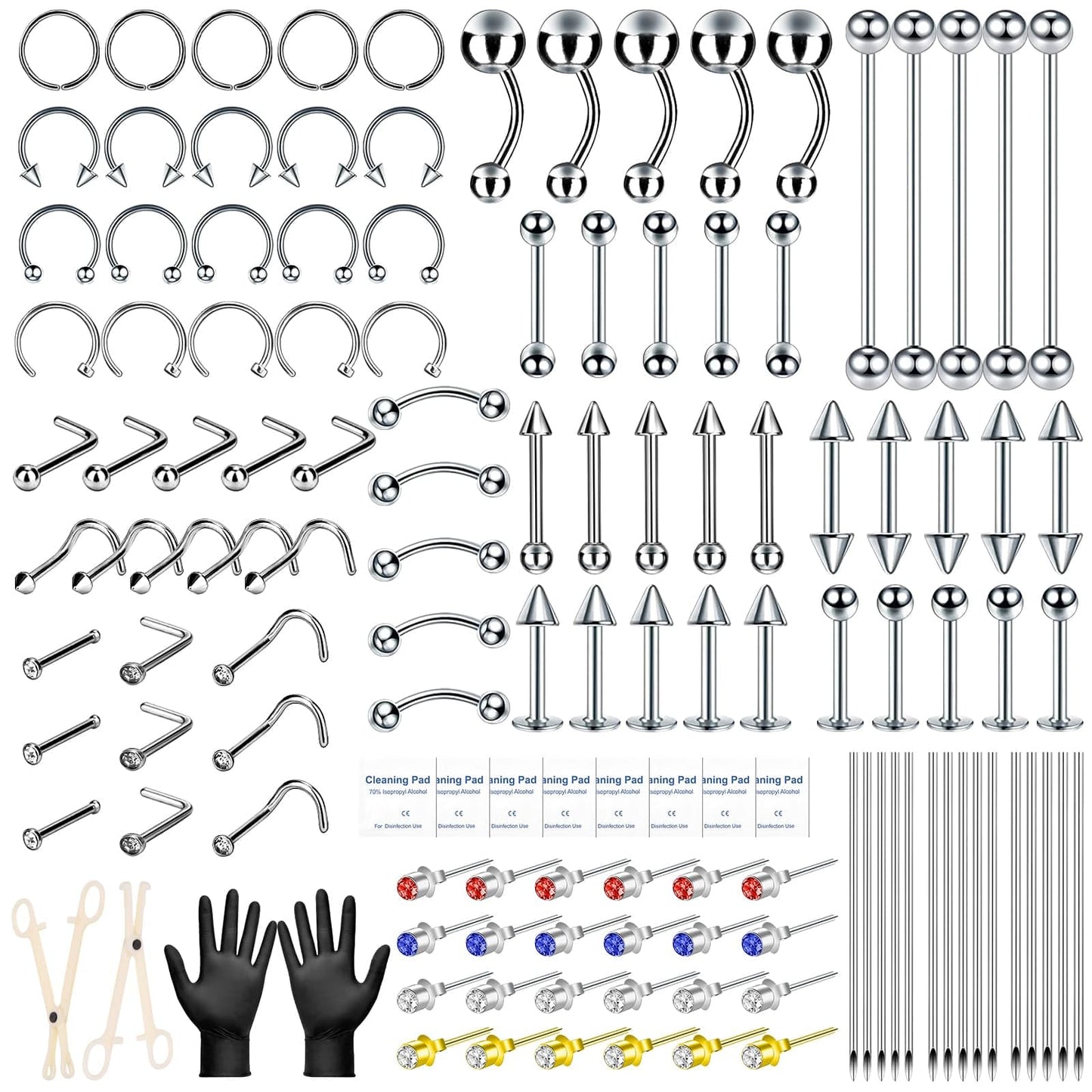 Evatage 163PCS Body Piercing Kit | 14G/16G/20G Needles & Jewelry