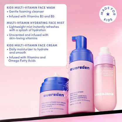 Evereden Kids Multi-Vitamin Hydrating Face Mist, Face Wash & Face Cream Set – Clean Vegan Skincare for Kids 6+
