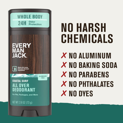 Every Man Jack All Over Deodorant – Aluminum-Free, 24-Hour Whole-Body Odor Protection – Coastal Surf Scent (2.6 oz)
