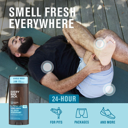 Every Man Jack All Over Deodorant - 24-Hour Aluminum-Free Odor Protection - Coconut + Vanilla (2.6 oz)