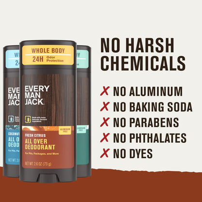 Every Man Jack All Over Deodorant Variety Pack – Aluminum-Free, 24-Hour Whole-Body Odor Protection (3 x 2.6 oz)