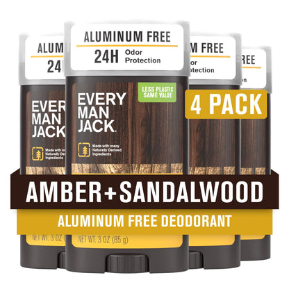 Every Man Jack Amber + Sandalwood Men's Deodorant – Aluminum-Free, Long-Lasting, 4-Pack
