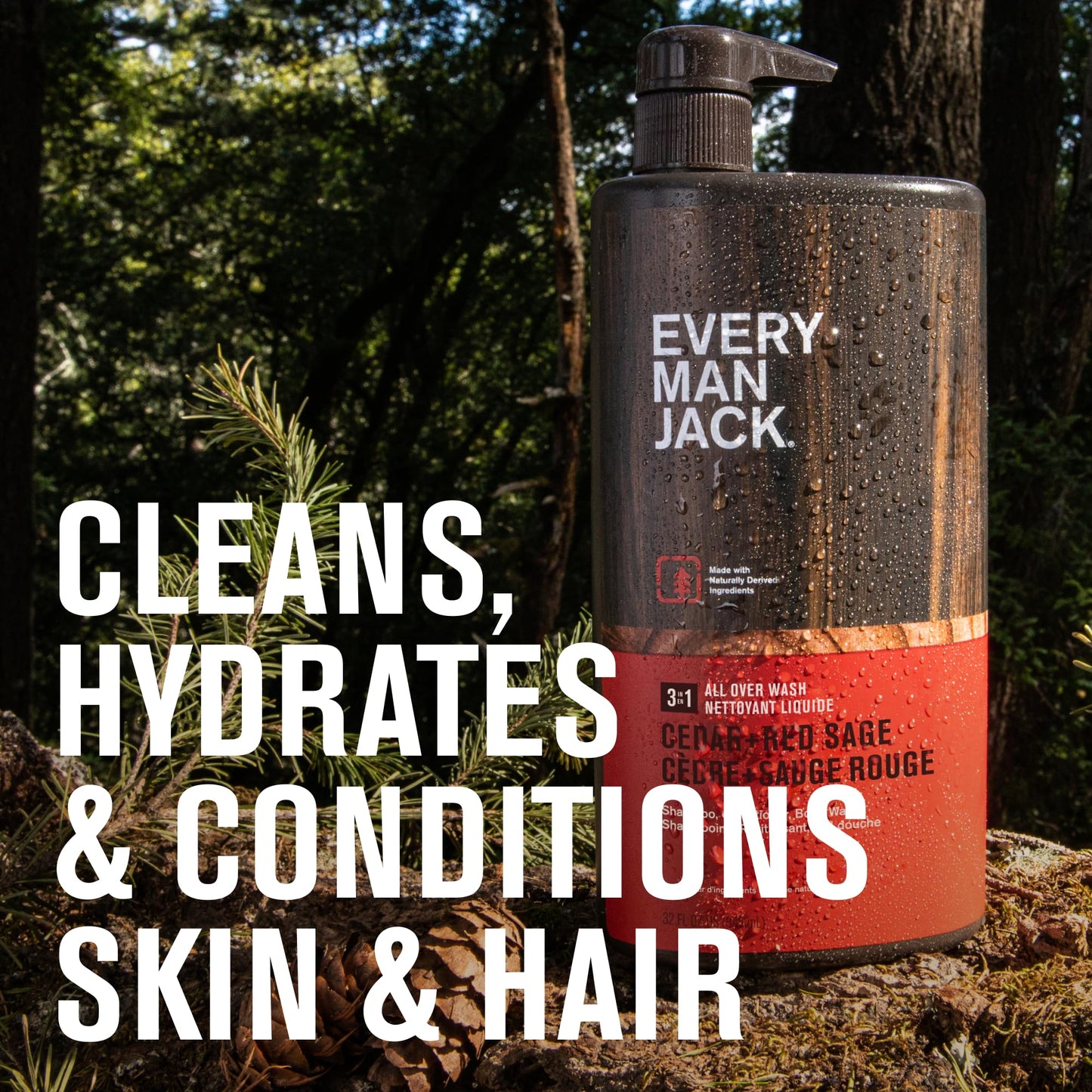 Every Man Jack Cedar + Red Sage Hydrating 3-in-1 All Over Wash – Body Wash, Shampoo & Conditioner (2 Pack)