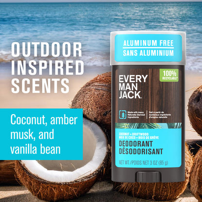 Every Man Jack Coconut Driftwood Men’s Deodorant – Aluminum-Free, Long-Lasting Freshness, 3oz Twin Pack
