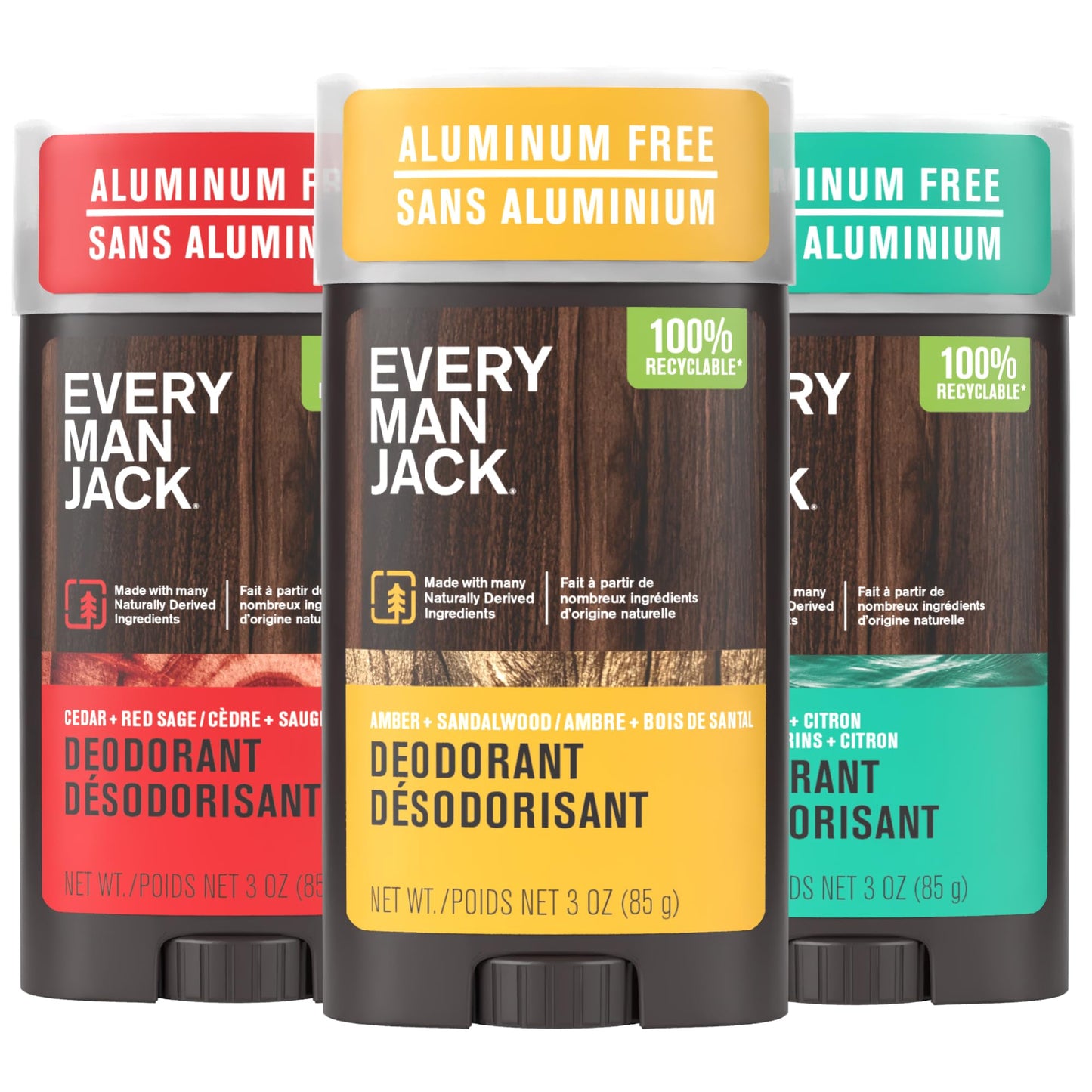 Every Man Jack Deodorant Variety Set — 3 x 3 oz Sticks (Cedar + Red Sage; Amber + Sandalwood; Sea Mineral + Citron)